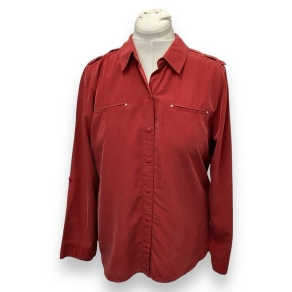Chico’s Women’s Long Sleeve Button Down Shirt Utility Military Holiday Red sz 2